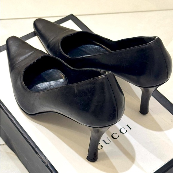 🔥 Rare Vintage 1980s Gucci Black Leather Box Toe Stiletto Slip-On Heels Pumps - Picture 6 of 9